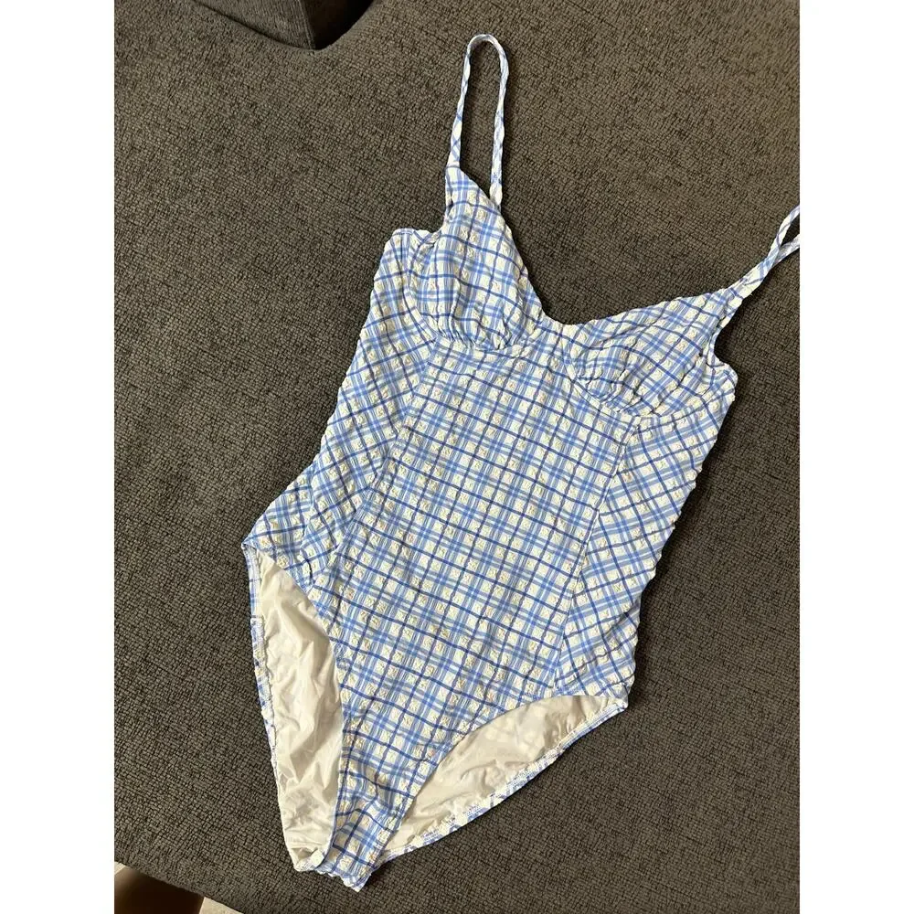 Tory Burch Check Plaid Gingham Swimsuit size M Underwire Blue White Seersucker